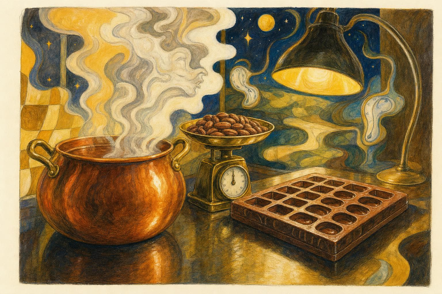 Copper kettle and cacao mold on the sanctuary kitchen bench