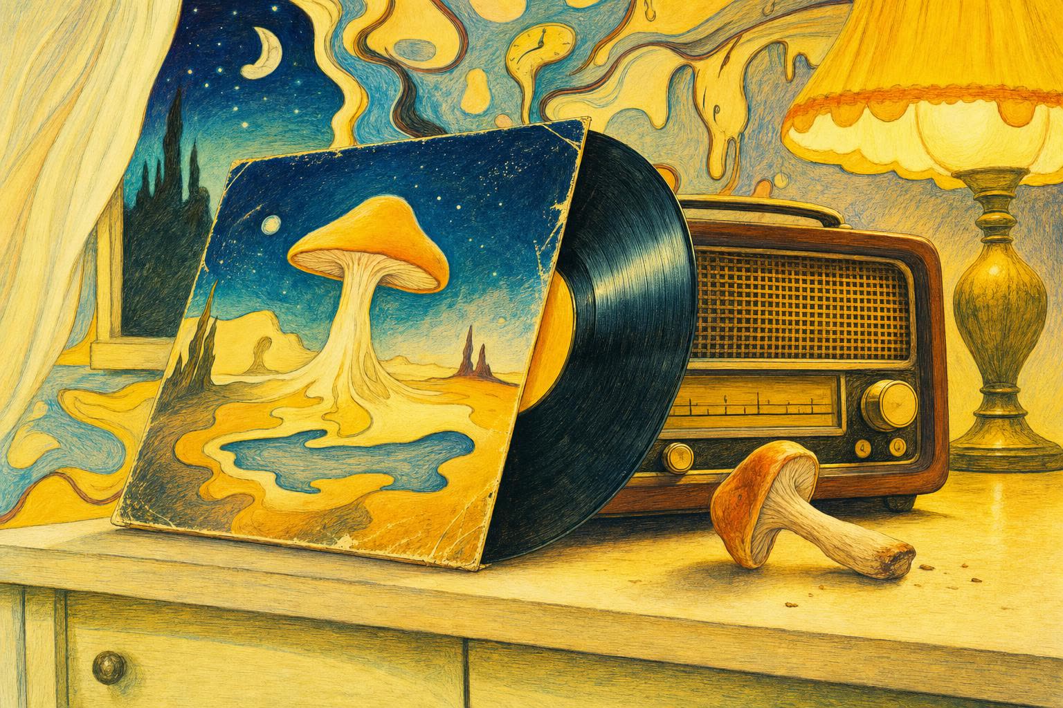 Vinyl record leaning on a kitchen radio beside a mushroom